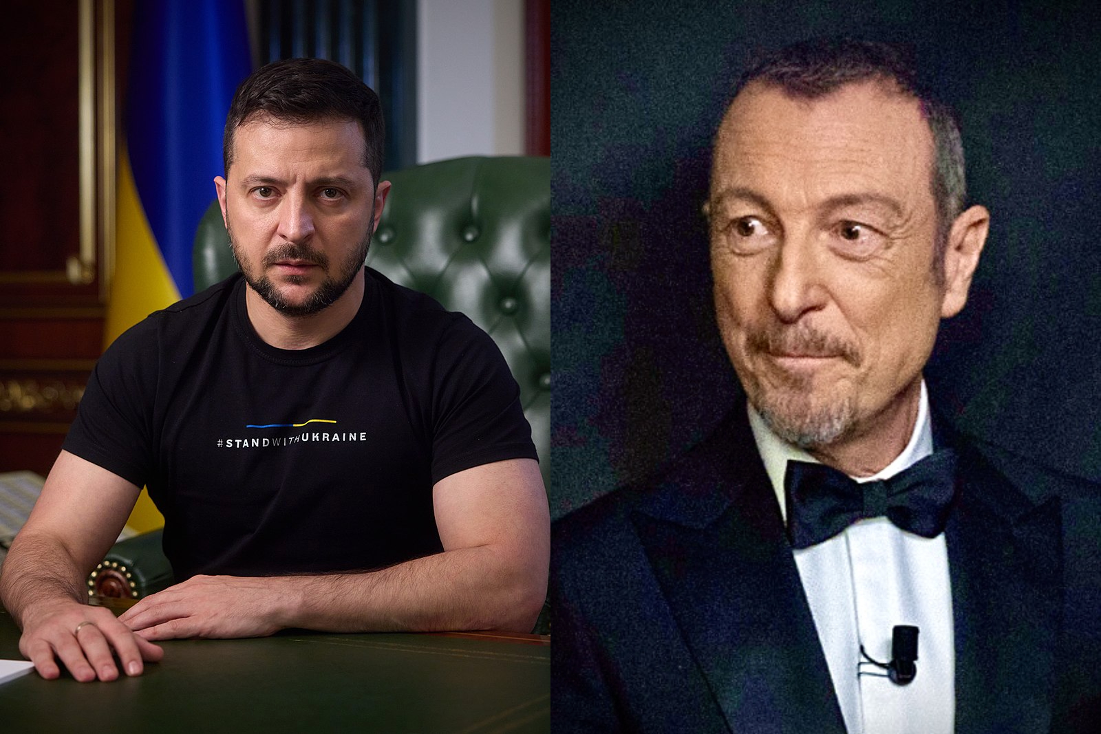 Der ukrainische Präsident Wolodymyr Selensky (links) und der Moderator und künstlerische Leiter des Festivals von Sanremo 2023 Amadeus